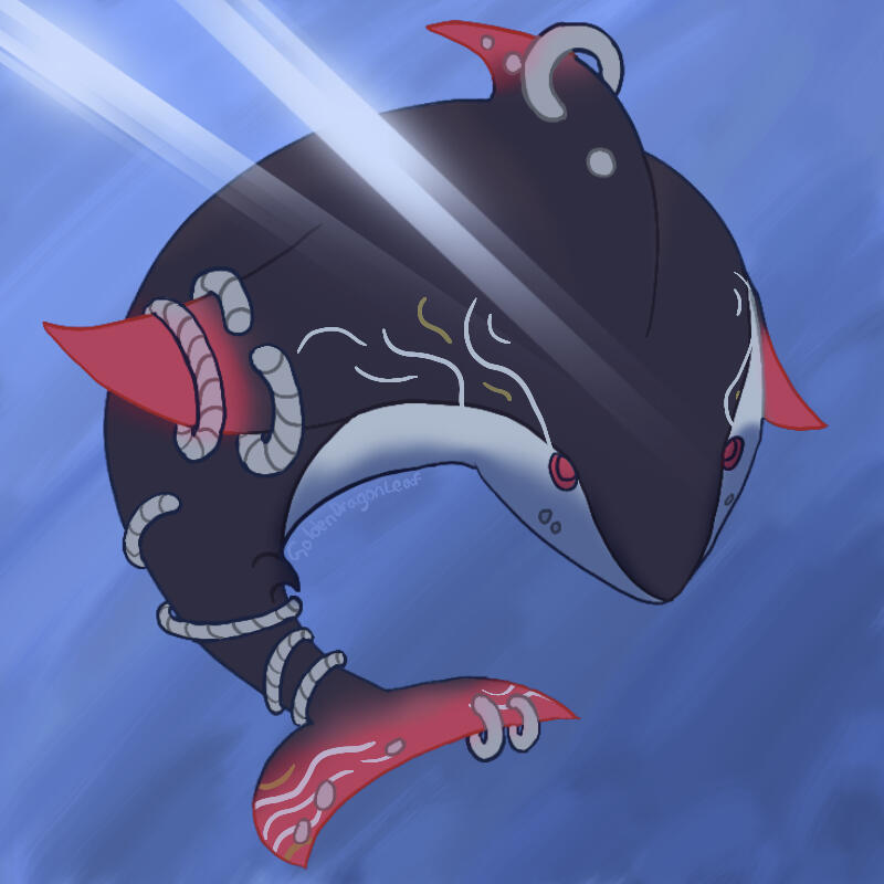 Some fanart for Dislyte, where I drew a shark anthro, Tetsuya, as a full shark.