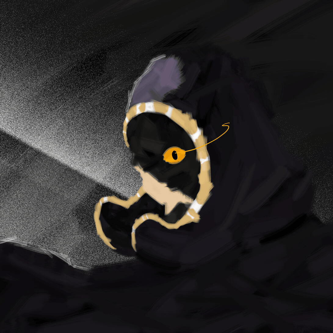 A painterly artwork of a hooded figure.