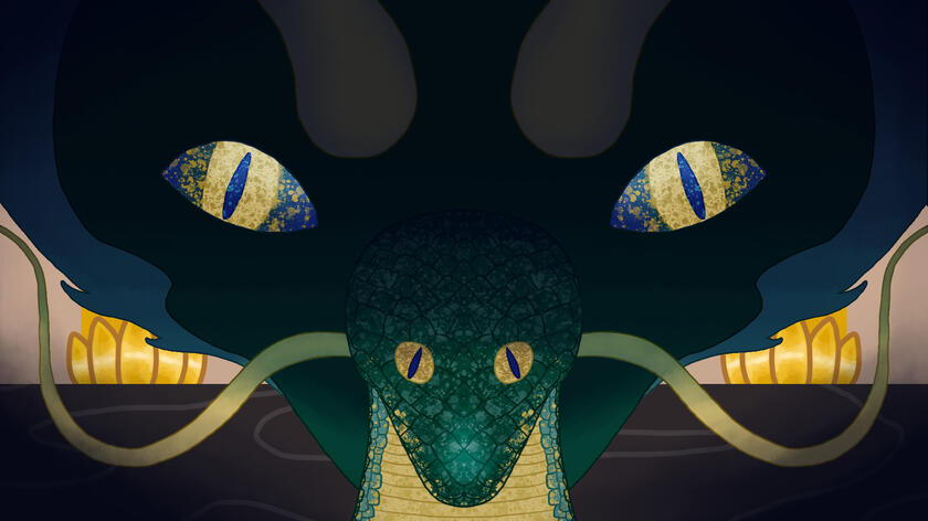 A frame from an animation, featuring my design of the Chinese Dragon Ao Bing in his snake and true dragon forms.
