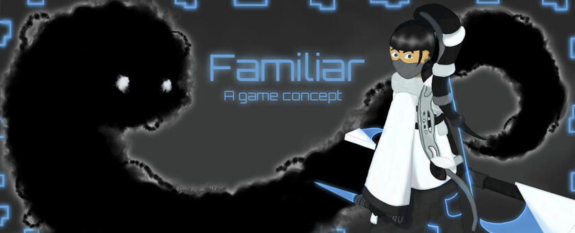 A banner I made for my game concept, Familiar. It features the design for the main character, as well as their Familiar, the shadowy figure of Death.