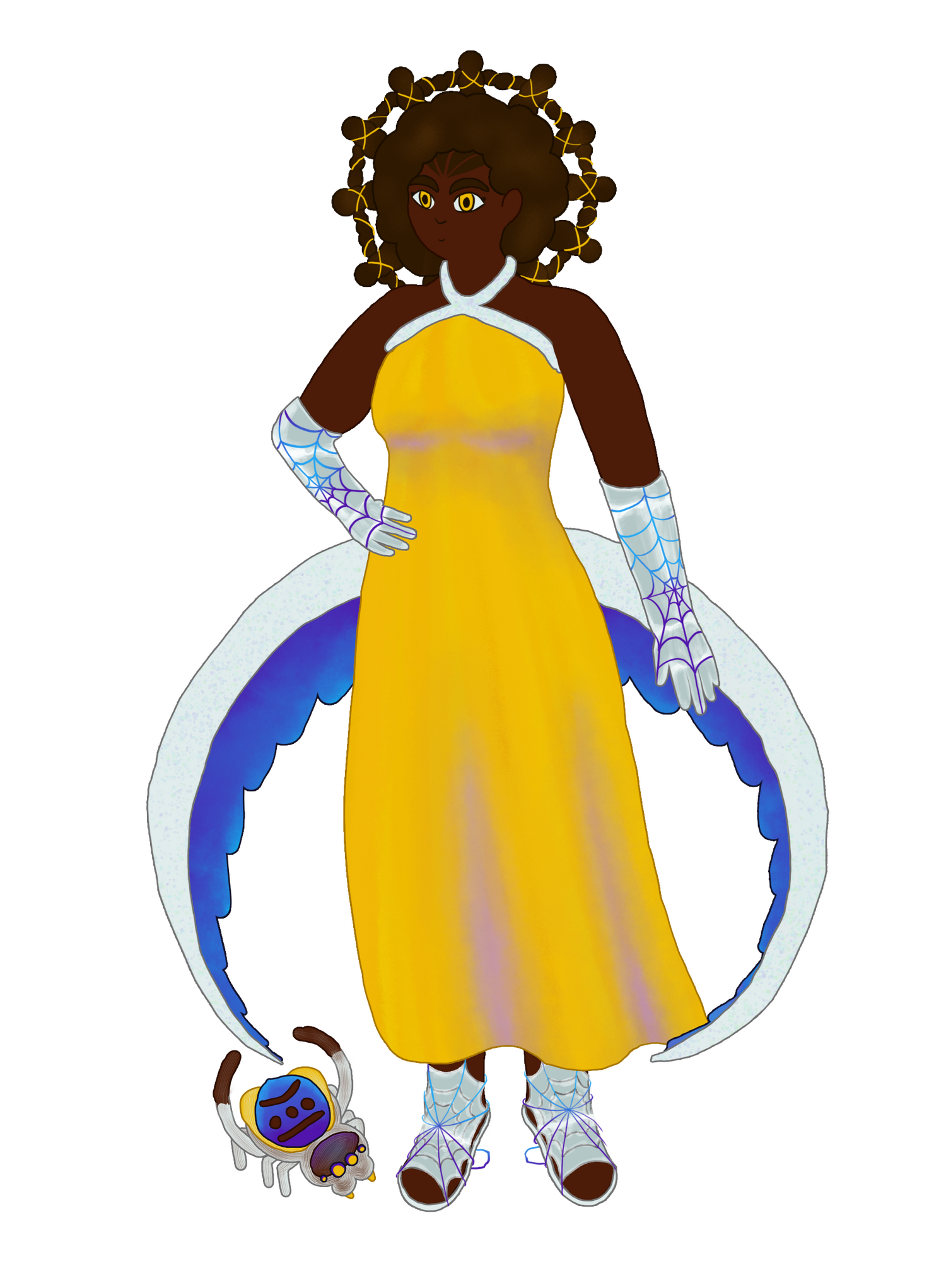 Artwork of my South African fashion model OC, Yolandi with her Familiar, a peacock jumping spider.