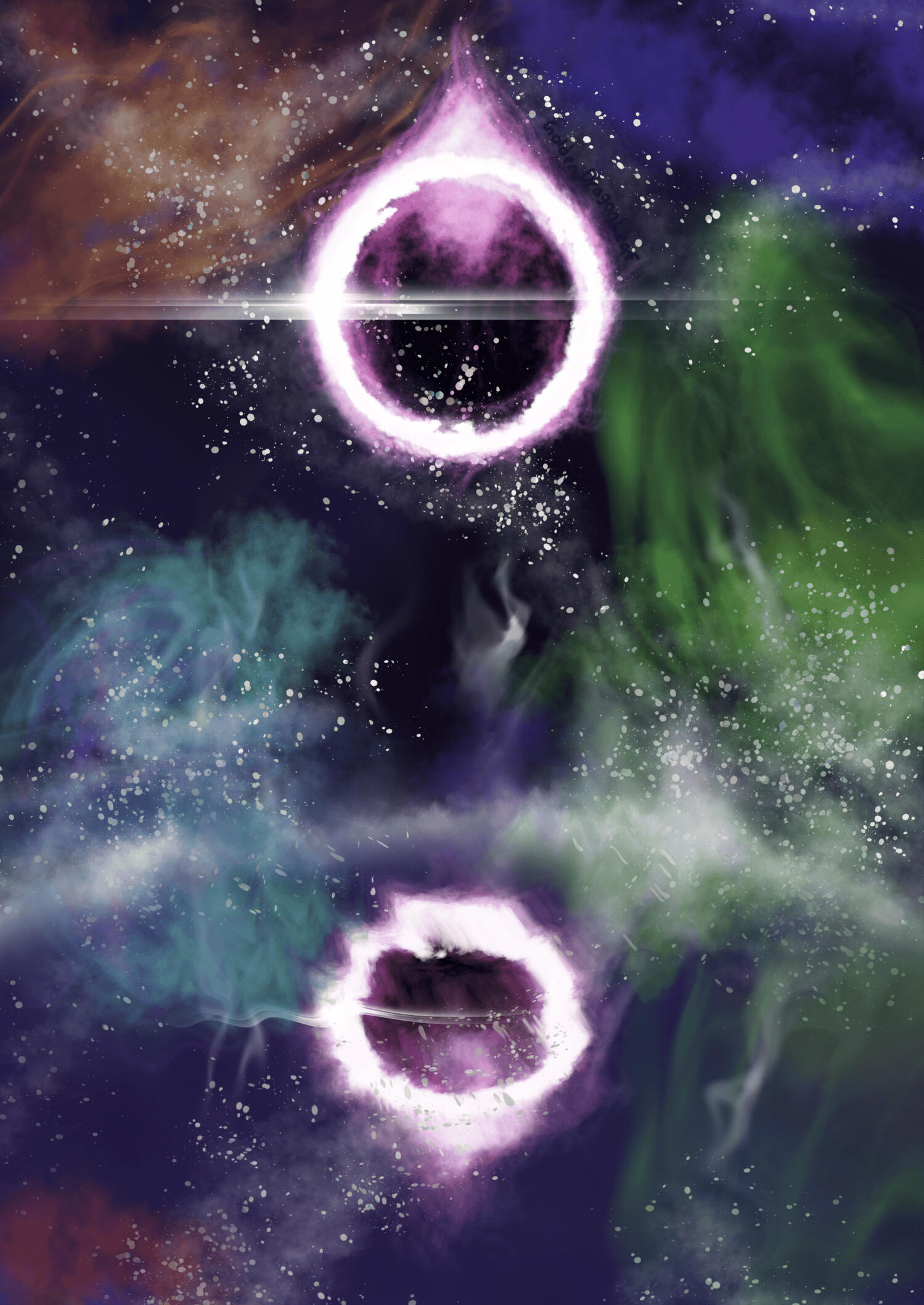 A galaxy with an eclipse as the focal point reflected over water.